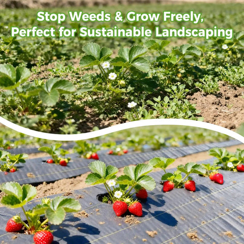 Six Foot By Three Hundred Foot Premium Weed Barrier Landscape Fabric 3.5oz Heavy Duty Garden Ground Cloth in use for strawberry patch
