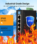 Rugged 4 Port Gigabit Industrial Ethernet Switch With 1 SFP Uplink And 1 RJ45 Port Din Rail And Wall Mountable with IP40 rating.