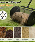 Compost Spreader 24 Inch Wide Peat Moss Spreader With U Shaped Handle Adjustable Height Powder Coated Metal Mesh Hand Fertilizer Spreader For Garden Yard Lawn Care Matte Black in use on grass displaying diamond-shaped metal mesh