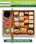 Heavy Duty 2 Oz Disposable Portion Cups With Airtight Lids Bulk 200 Piece Grab Bag for sushi and dipping sauces.