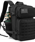 Rugged 25L Military Tactical Backpack with MOLLE webbing, laser cut panels, dual cup holders, and US flag patch, black.