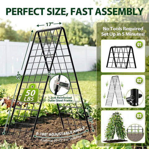 Heavy Duty 2 Pack Adjustable A Frame Trellis For Climbing Plants Outdoor Tough As Nails Rust Proof Metal Garden Trellis Dense Grid For Raised Beds Ideal For Cucumbers Tomatoes Beans Peas And More 50 By 17 Inches; adjustable angle.