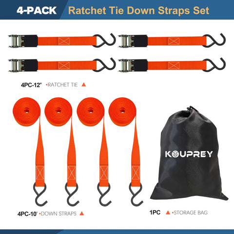 4 Pack Ratchet Straps For Trailers Boats And More, 1 Inch By 10 Foot Heavy Duty Tie Downs With 900 Lb Break Strength, orange