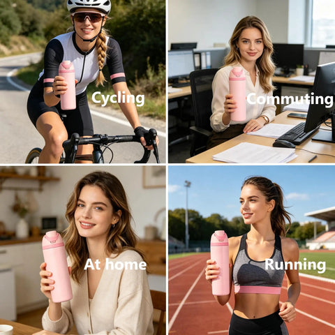 Insulated Stainless Steel Water Bottle With Built-In Straw, Leak-Proof Seal, BPA-Free, Perfect For Sports And Travel, Pink Color, Durable Hydration Bottle For On-The-Go Athletes - used in various settings including cycling, commuting, at home, and running, emphasizing versatility.