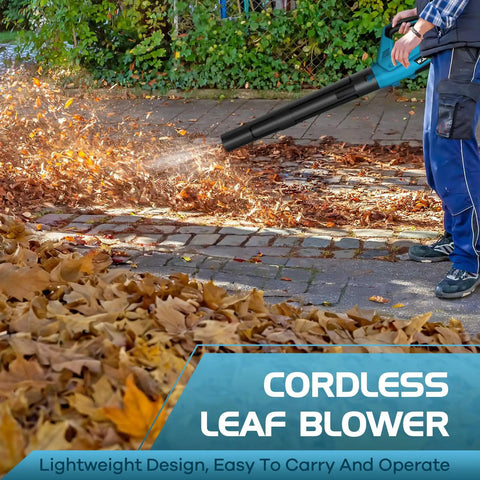 Person using Cordless Leaf Blower With Two Batteries And Charger, clearing leaves from pathway, 2-speed lightweight design
