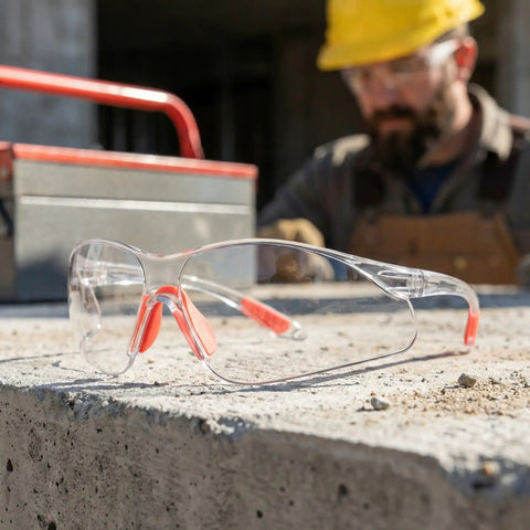 Badass Silicone Safety Glasses For Construction Work, shatterproof polycarbonate lenses resting on concrete.