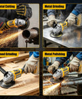 Tool Belt Essential Brushless Cordless Angle Grinder Runs A Slick 9000 Rpm In a 4.5 inch package, shown cutting metal, grinding, and polishing.