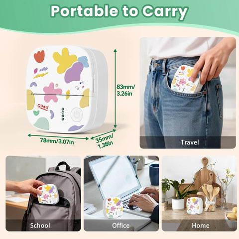 Portable Mini Sticker Printer With Bluetooth Inkless Thermal Technology, 3 Roll Paper Pack shown in pocket and on desk