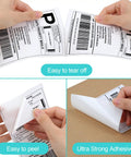 Heavy Duty 4X6 Thermal Shipping Labels 240 Count Boasting Bombproof Adhesive Sticking Like Glue Water Resistant Sheets being peeled and applied.