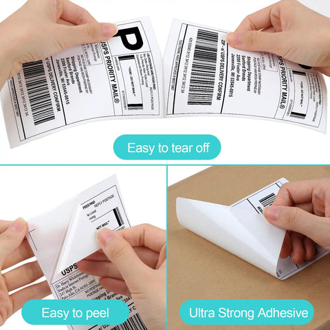 Heavy Duty 4X6 Thermal Shipping Labels 240 Count Boasting Bombproof Adhesive Sticking Like Glue Water Resistant Sheets being peeled and applied.