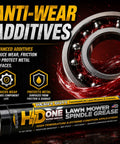 Heavy Duty High Temperature Bearing Grease For Toro And Exmark Mowers That Beats The Heat On Overworked Spindles and Shuts Out Grime and Humidity In A Battle Ready Two Pack For No Hassle Mowing Days, with anti-wear additives and a close-up of grease tube and bearing.