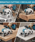 5 Inch Cordless Circular Saw Kit With Brushless Motor 6000 RPM cutting PVC pipes, solid wood, MDF, and drywall.