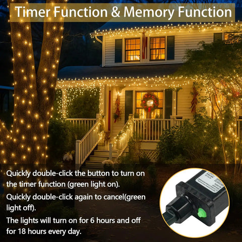 Connectable 200 LED String Lights Indoor Outdoor with Timer, 66ft Warm White Fairy Lights illuminating house exterior.