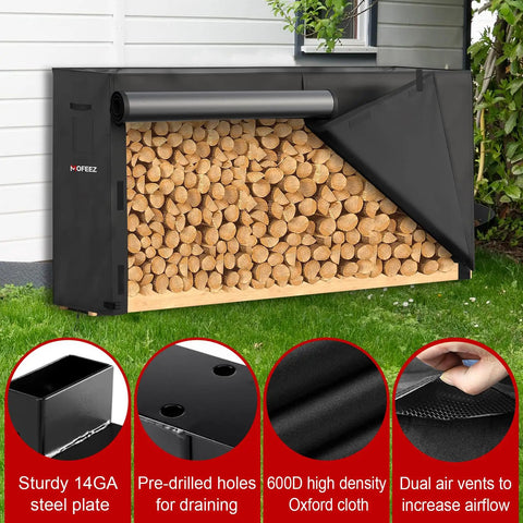 Heavy Duty Firewood Rack And 8-Foot Cover Bundle For Outdoor Wood Storage, black powder-coated finish with stacked logs