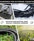 Heavy Duty 12 Gauge Extension Cord With Multi Outlets 100 Foot Black Oil Resistant Jacket in snow and grass, showing durability.