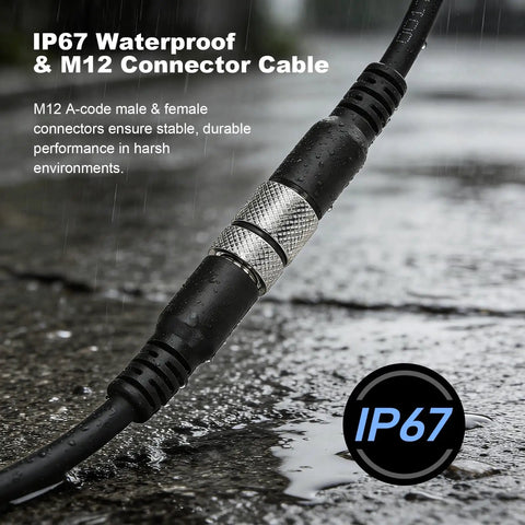 M12 A-Coded 4-Pin Straight Female Shielded Signal And Power Cable in rain showcasing IP67 rating.