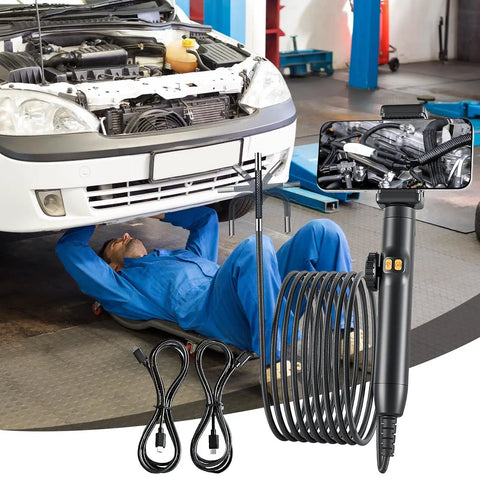 Built Like A Tank Compact Borescope With Flex Head For Snaking Through Tight Conduits On Rough Crewsites Fully Waterproof Industrial Endoscope in use under a car.
