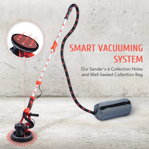 800W Electric Drywall Sander With Vacuum Attachment And Lights, Dust Collector, shown with ergonomic hose and bag