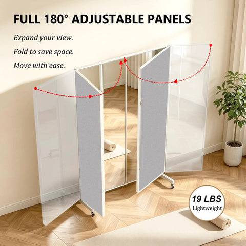 Massive 72X55 Trifold Full Length Mirror with 180° adjustable panels, lightweight at 19 lbs, ideal for home gym setups.
