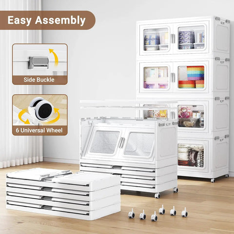 Mega Capacity Extra Large Stackable Storage Bins With Secure Lid And Smooth Rolling Wheels Hella Heavy Duty Portable Plastic Tote Six Pack, shown with easy assembly features.