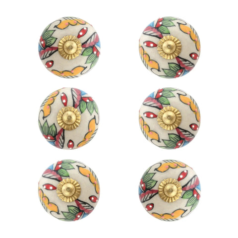 Kick Up Your Space With These Dope Handmade Ceramic Dresser Knobs Featuring A Vibrant Multicolor Leaf Pattern Perfect ForKitchen Cupboards Bedroom Drawers And Furniture Hardware Including Four Sturdy Pulls For Easy Room Refreshes. Set of six ceramic knobs with gold hardware and leaf design.