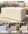 51 Inch Propane Fire Pit Table With 50,000 BTU Smokeless Heat cover showing built-in tank holder in sun, snow, rain, and wind.
