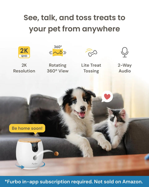 Mini 360 Degree Pet Camera With 2K QHD Live Video Feed and Rotating Treat Toss on table, pets in background, highlighting two-way audio.