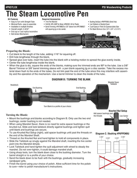 Kickass Steam Locomotive Bolt Action Ballpoint Pen Turning Hardware Kit, showing assembly instructions and components.