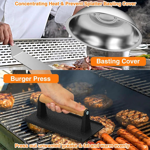 All In One Griddle Accessories Kit For Flat Top Grills 25 Piece Set BBQ Ready Cookout Gear showing basting cover and burger press