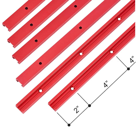 Six Pack Of Three Foot Aluminum T Track Rails In Bold Red Built For Rock Solid Woodworking Jigs And Shop Fixtures Featuring Pre Drilled Holes And Screws For Quick Builds. Red aluminum t tracks with pre-drilled holes.