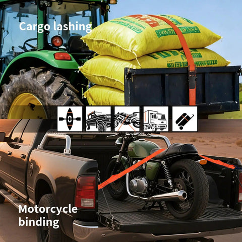 8 Pack 1 Inch Ratchet Straps 15 Feet Long Heavy Duty Tie Down Straps securing cargo and motorcycle on truck and trailer