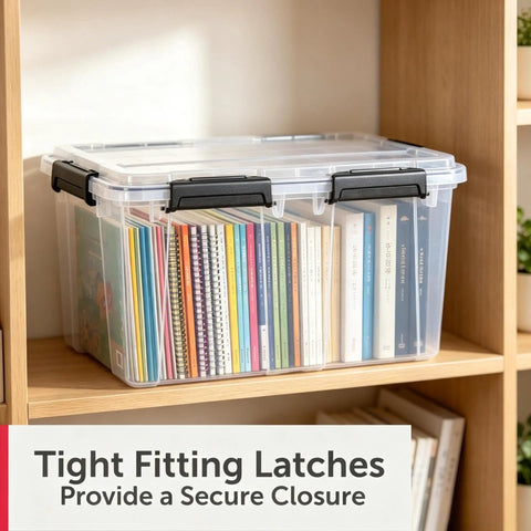 Heavy Duty Clear Plastic Storage Tote With Secure Lock Latch 54 Quart transparent crate with books inside on shelf.