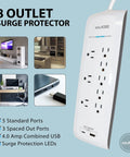 8 outlet surge protector with USB ports, showing LED indicators and flat design, part of a 25 foot USB-C and USB-A setup.