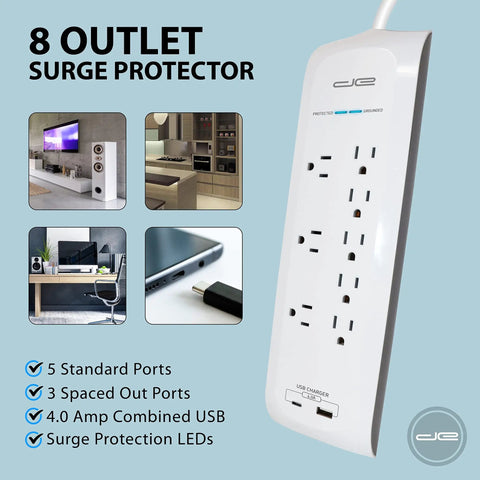 8 outlet surge protector with USB ports, showing LED indicators and flat design, part of a 25 foot USB-C and USB-A setup.