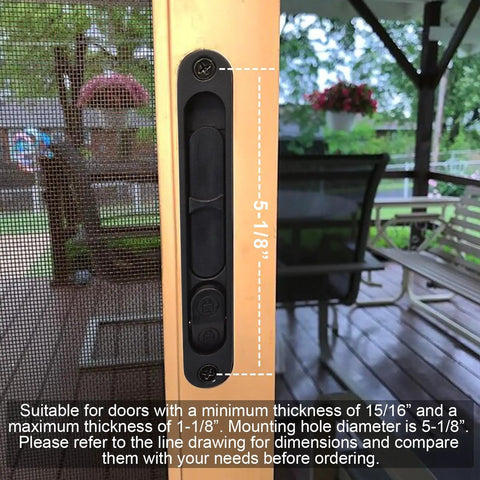 Close-up of installed Replacement Sliding Screen Door Handle And Latch With Keeper In Black Zinc Alloy on patio door
