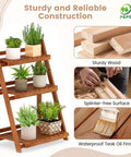 Foldable 3 Tier Ladder Plant Stand made of solid wood, shown with plants on sturdy, waterproof shelves, no assembly needed.
