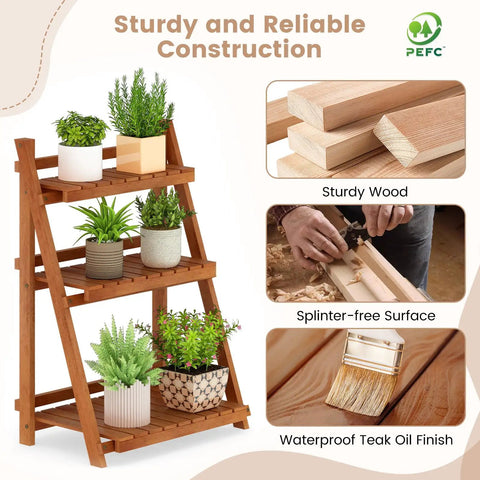 Foldable 3 Tier Ladder Plant Stand made of solid wood, shown with plants on sturdy, waterproof shelves, no assembly needed.
