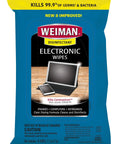 Front view of a pack of 15 Weiman Disinfecting Electronic Wipes for screens and devices, safe quick dry for gadgets cleaning.