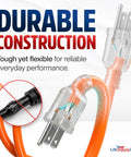 Built Different Heavy Duty Orange Extension Cord 10 Foot Indoor Outdoor Waterproof Power Plug Three Prong Cold Resistant Flexible Cable Workhorse For Yard Or Job Site close-up of sturdy plugs and flexible orange cord
