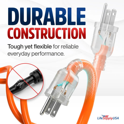 Built Different Heavy Duty Orange Extension Cord 10 Foot Indoor Outdoor Waterproof Power Plug Three Prong Cold Resistant Flexible Cable Workhorse For Yard Or Job Site close-up of sturdy plugs and flexible orange cord