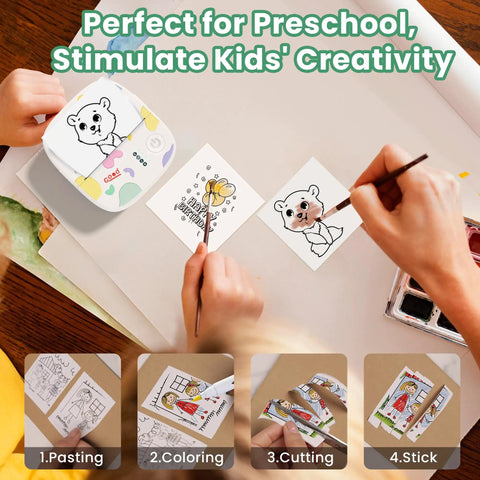 Child using Portable Mini Sticker Printer With Bluetooth Inkless Thermal Technology, 3 Roll Paper Pack for creative projects.