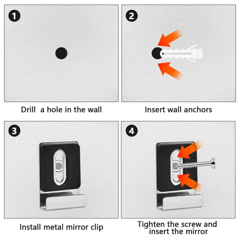 Installation steps for 12 Pack Heavy Duty Stainless Steel Mirror Wall Mount Clips With Grippy Non Slip Safety Pads Built Tough Hanging Braces For Quarter Inch Glass Panels And Display Frames Silver.