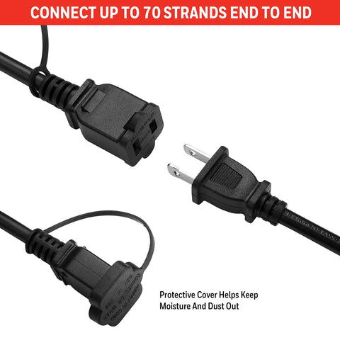 Connectors for 48 Foot LED Color Changing String Lights With Remote showing end-to-end linking capability and protective cover.