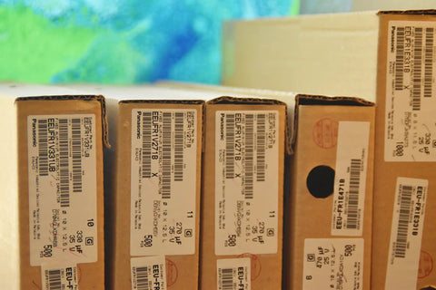 Six Pack Panasonic FR Series Aluminum Electrolytic Capacitors 47Uf 63V Ultra Low ESR Radial Leaded 105 C High Temperature Rated in boxes.