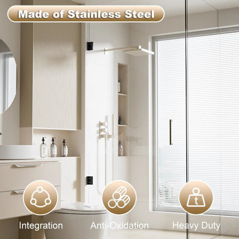 Rock Solid Frameless Glass Shower Door Hinges For 90 Degree Bathroom Entry Smooth Silent Glide Knockout Black Finish Heavy Duty Zinc With Built In Rubber Shock Absorbers Two Piece in a modern bathroom.