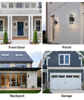 Two Pack No Fuss Dusk To Dawn LED Outdoor Lights illuminating front door, porch, backyard, and garage with 14W waterproof fixtures