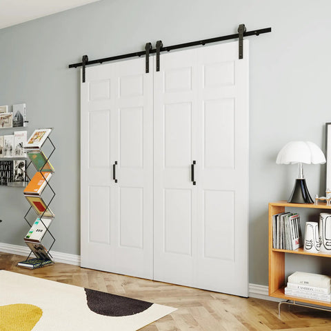 Smooth Glide Bi Fold Barn Door 84 Inch Tall Pre Built Six Panel Closet Slab with heavy duty tracks in bright white finish.
