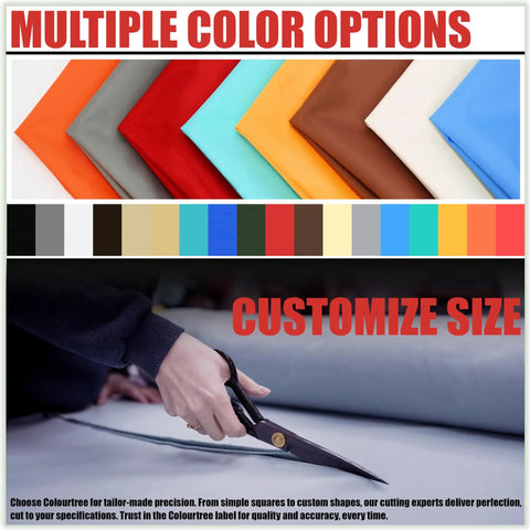 Multiple color options of fabric swatches with customization option for size, including red, blue, yellow, and more.