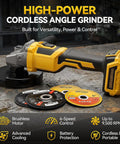 Tough As Nails Cordless Angle Grinder Compatible With 20V Batteries For Aggressive Metal Cutting And Slick Grinding Heavy Duty Power Tool Job Site Beast Tool Only Ready on a workbench with cutting discs.