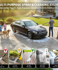 Man using 4500 PSI Pressure Washer with foam cannon to clean car; includes 4 quick connect nozzles for versatile cleaning.